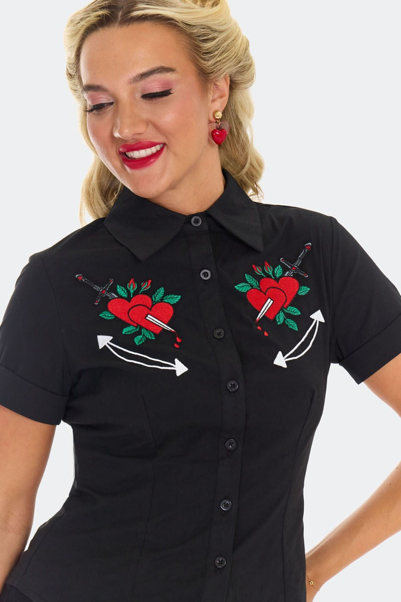 Thumbnail: Rockabilly inspired ladies top with heart and dagger embroidery detailing