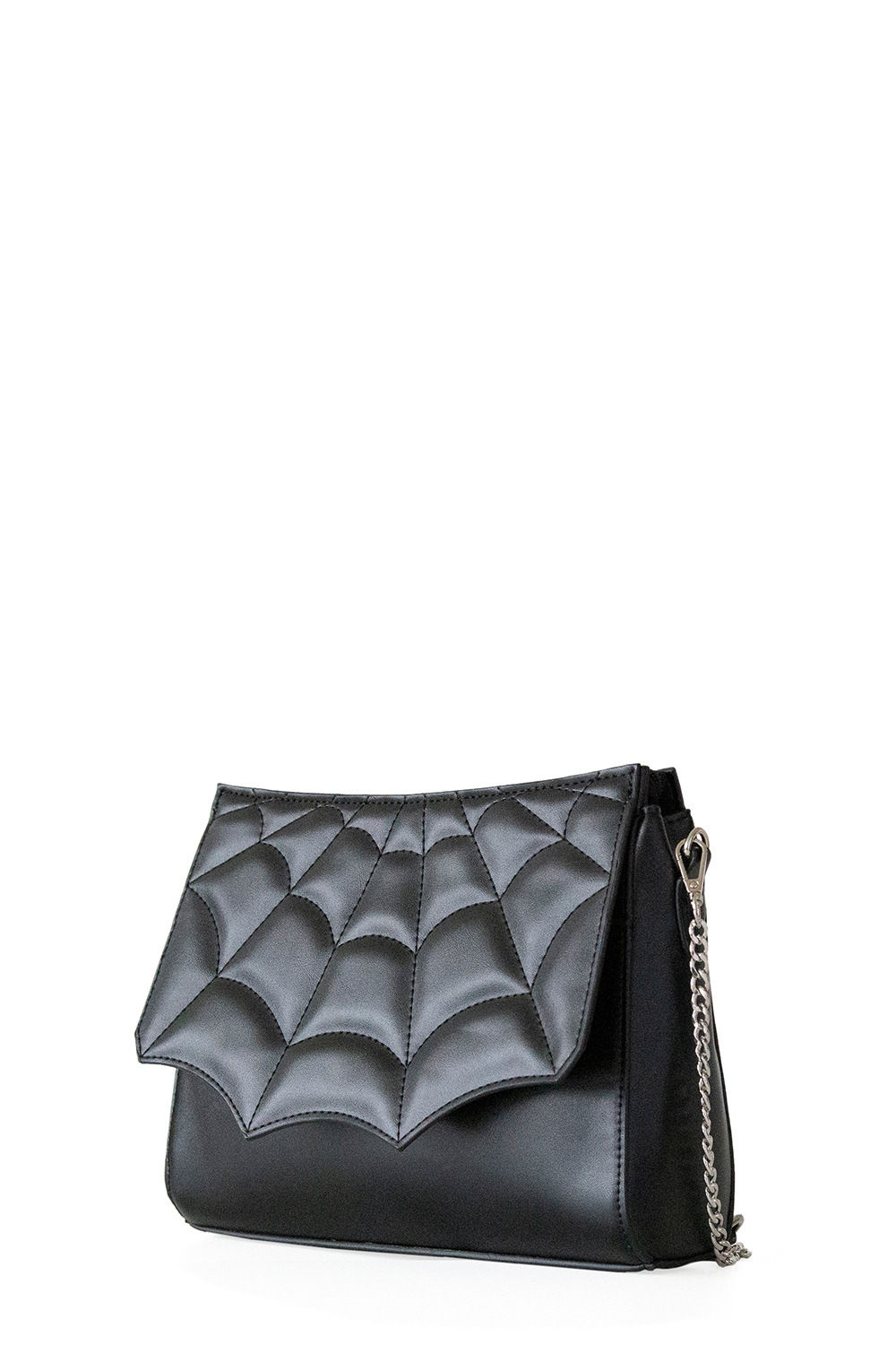 black spiderweb handbag with silver handle