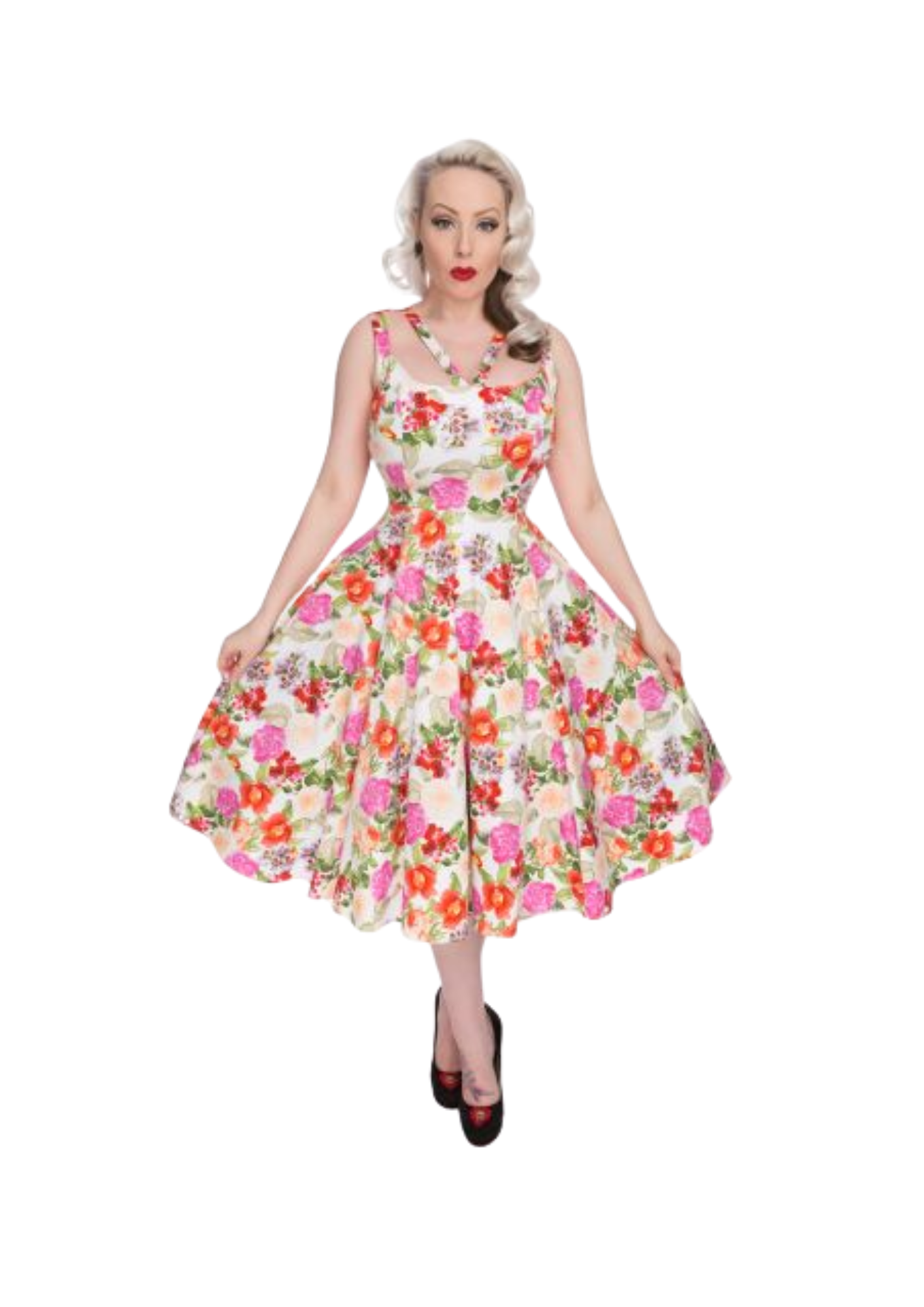 White floral swing dress front view, double spaghetti straps and V-neckline, vintage style sizes 8-18