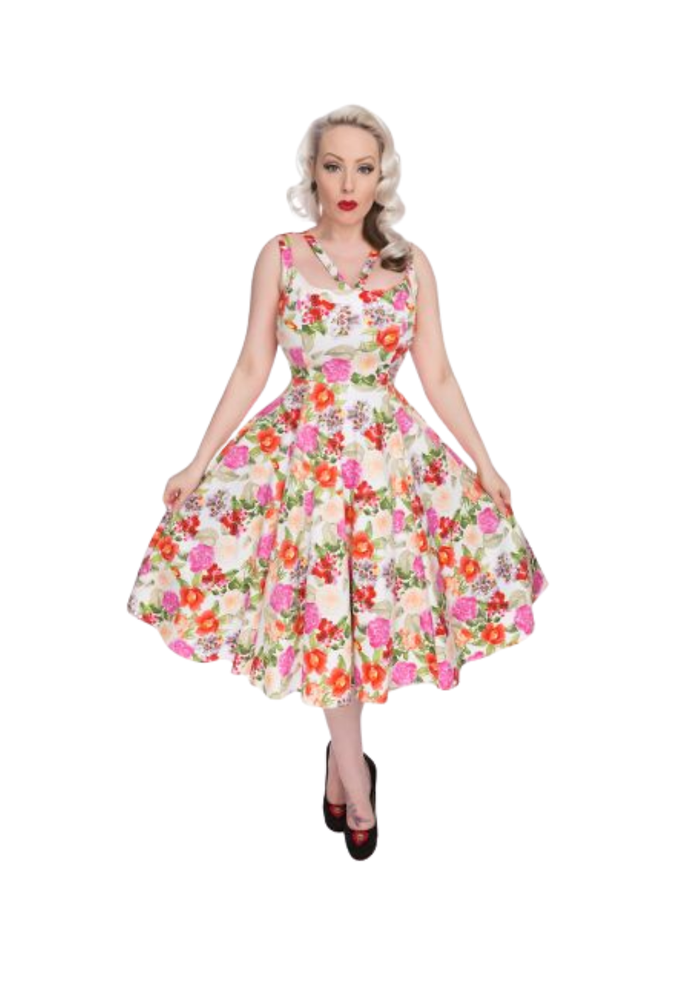 White floral swing dress front view, double spaghetti straps and V-neckline, vintage style sizes 8-18