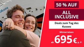 AIDA Angebote zum Knutschen: Jetzt Traumkreuzfahrt buchen und 50 % auf das ALL IN Getränkepaket sparen