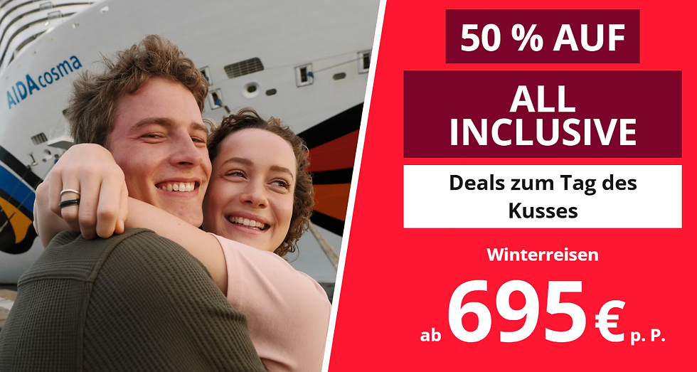 AIDA Angebote zum Knutschen: Jetzt Traumkreuzfahrt buchen und 50 % auf das ALL IN Getränkepaket sparen