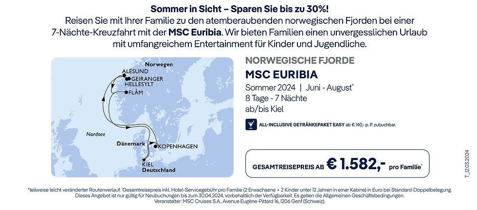MSC Euribia - 7 Nächte - Norwegische Fjorde - Familienangebot - Routenbild