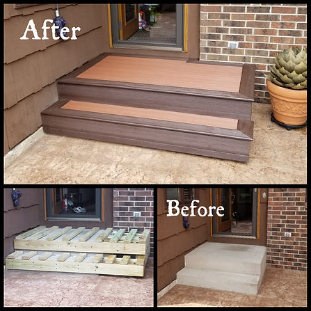 Front entryway steps framed and finished with composite decking