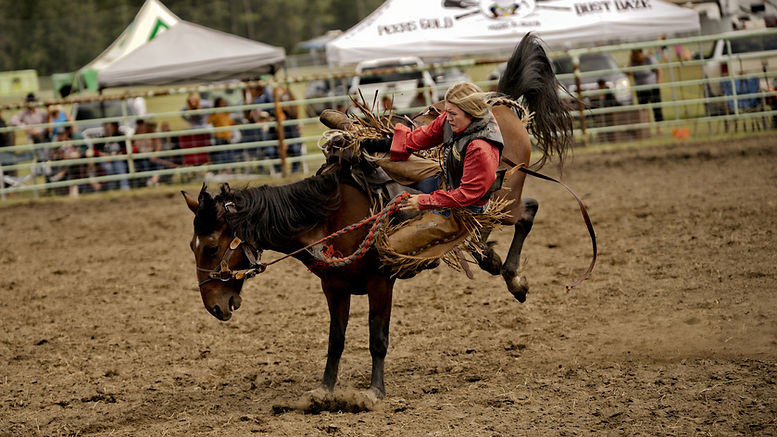 Cinematic rodeo videography of woman bronc rider showcasing western grit and Alberta rodeo culture.