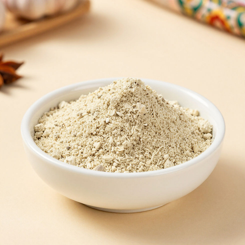 Small bowl of white onion powder from a dehydrated food exporter.
