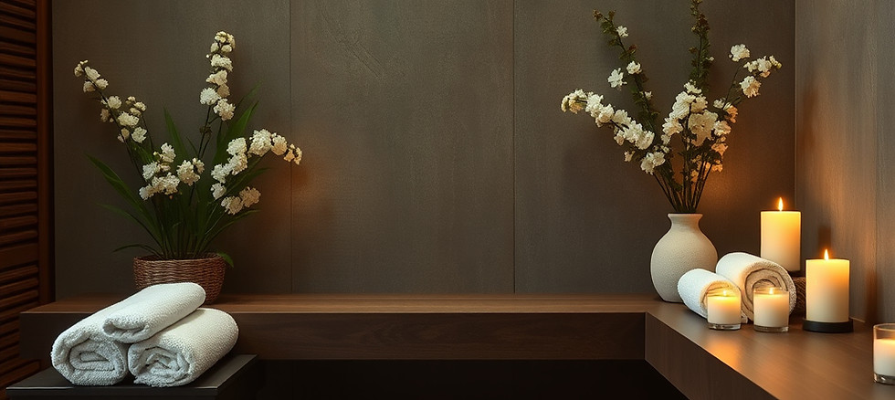 I need a picture of a spa space that includes calming things like candles, towels, aromath