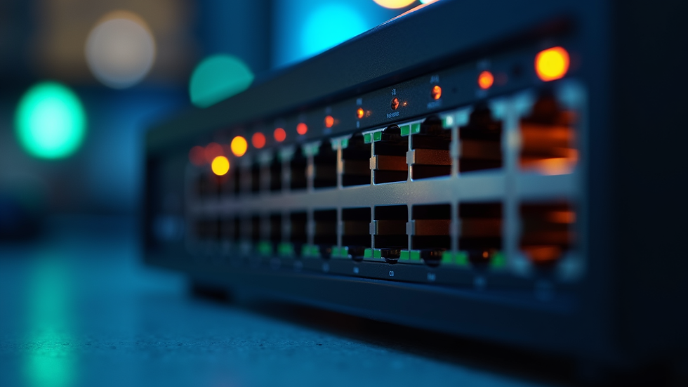 Close-up view of a network router with indicator lights glowing