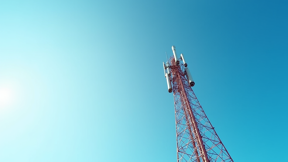 High angle view of a telecom tower with antennas against a blue sky