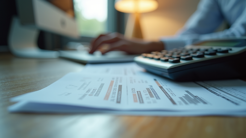 Eye-level view of office desk with telecom bills and calculator
