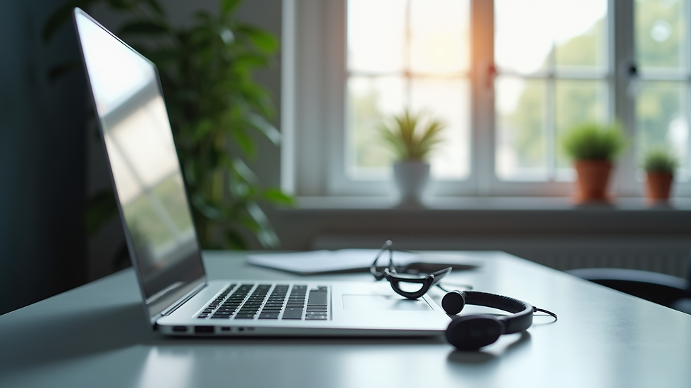 Eye-level view of a modern office desk with a laptop and headset