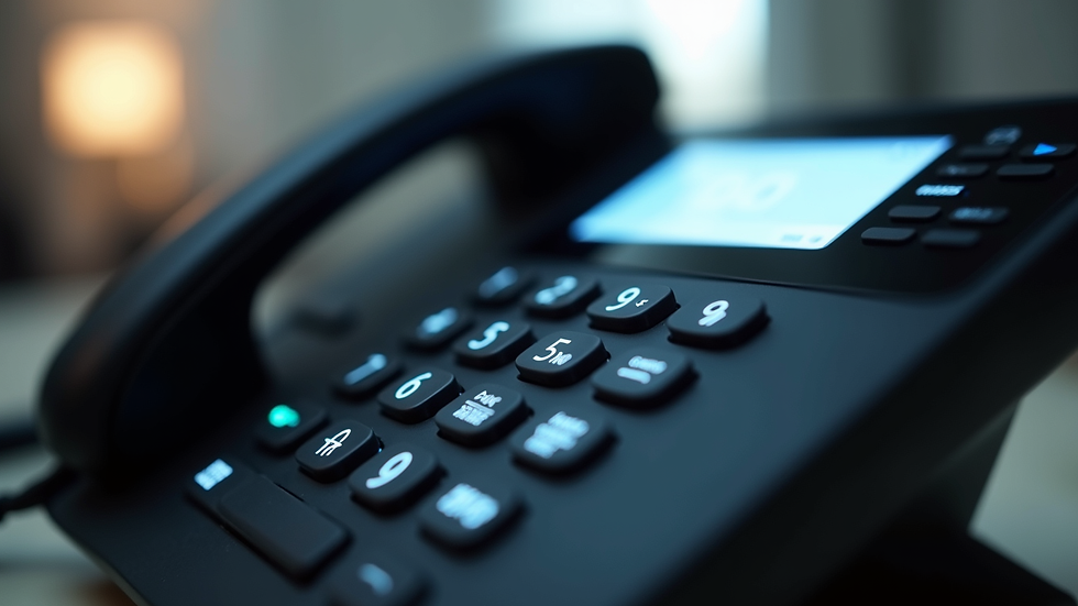 Close-up of a business phone keypad with digital display