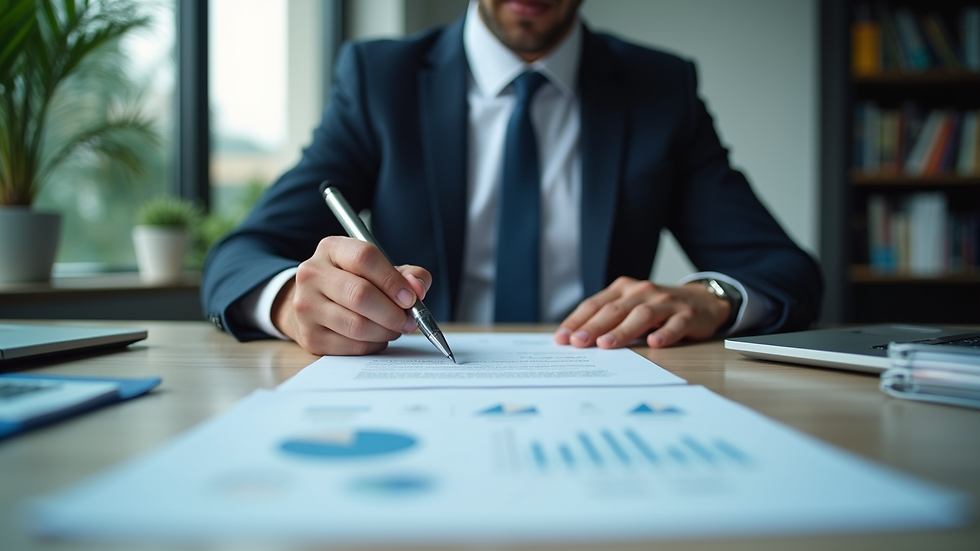 Close-up view of business professional reviewing telecom contracts
