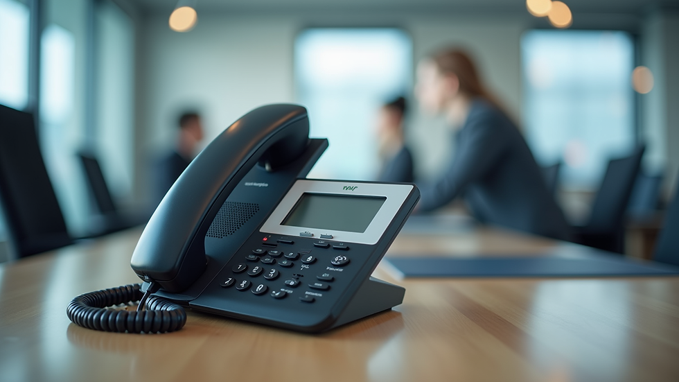 Close-up view of a VoIP phone handset on a desk with a blurred office background