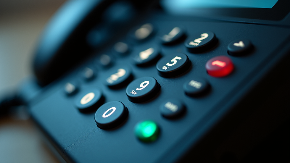 Close-up view of a business phone keypad with illuminated buttons