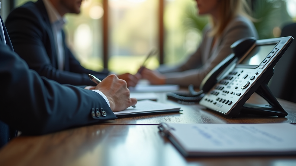 High angle view of a business meeting with a phone system setup on the table