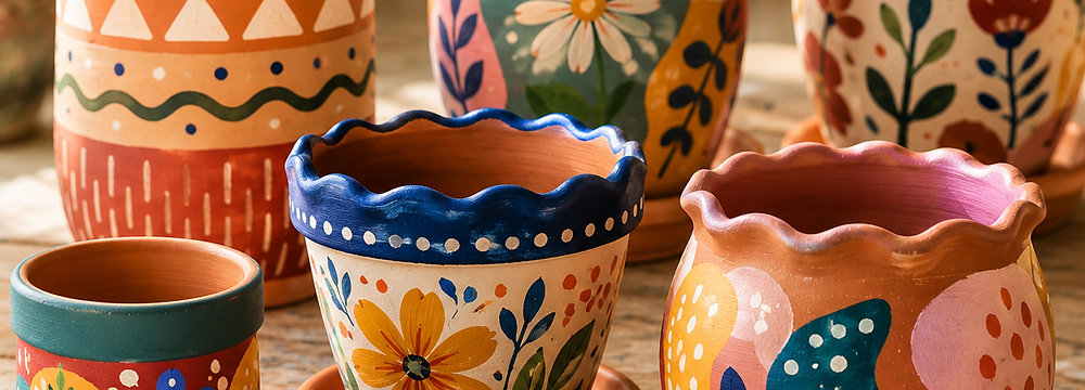 Colorful terracotta pots decorated with vibrant acrylic-style designs