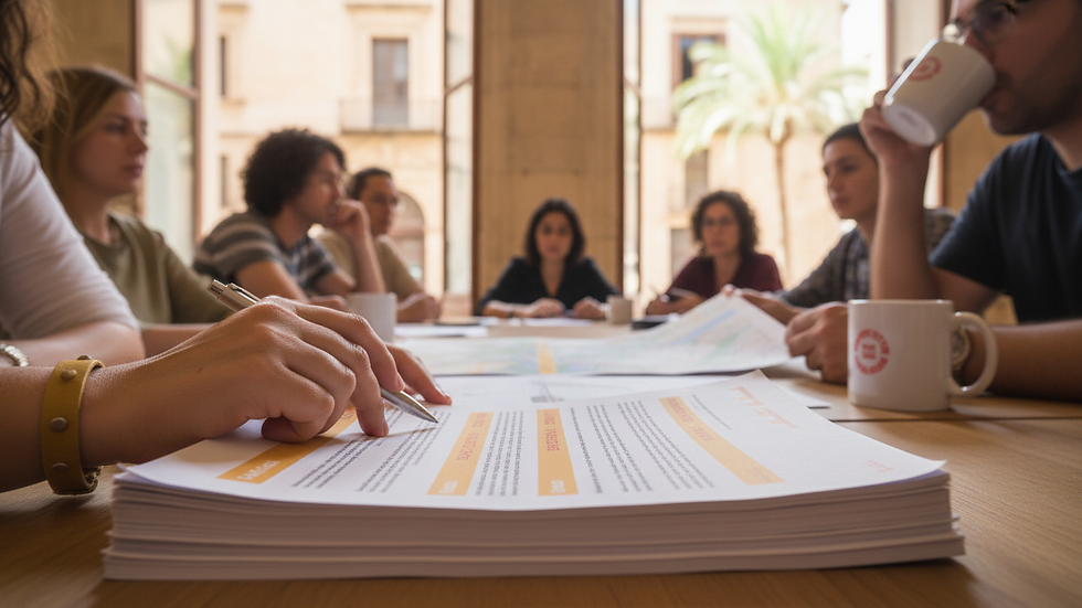 Plano detalle de una reunión ciudadana en Palma con enfoque en documentos y manos