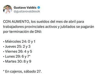Sueldos de abril: Valdés confirma días de pago y Provincia otorga el tercer aumento en cuatro meses