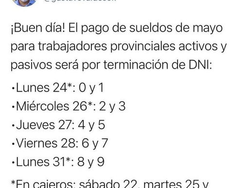 Valdés confirmó cronograma de pago del sueldo de mayo desde el lunes 24