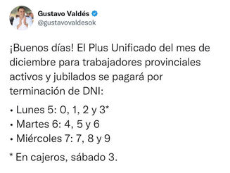 Valdés anunció el pago del Plus unificado de diciembre para trabajadores provinciales