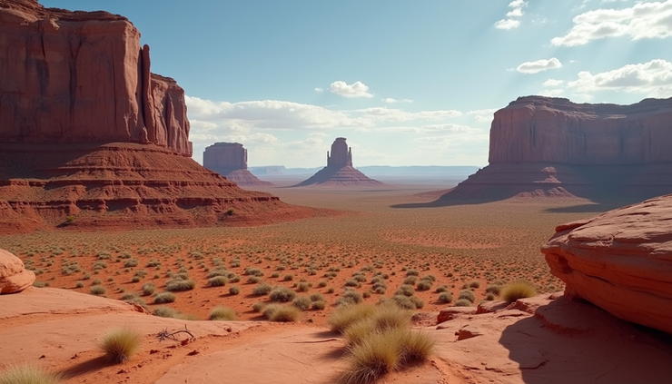 Wide angle view of the red rock formations in Moab, Utah under a clear blue sky