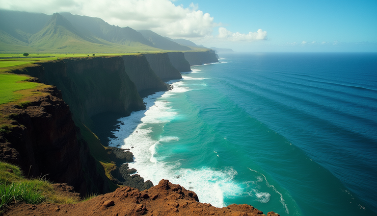 Eye-level view of the lush green cliffs and ocean coastline of Kauai, Hawaii