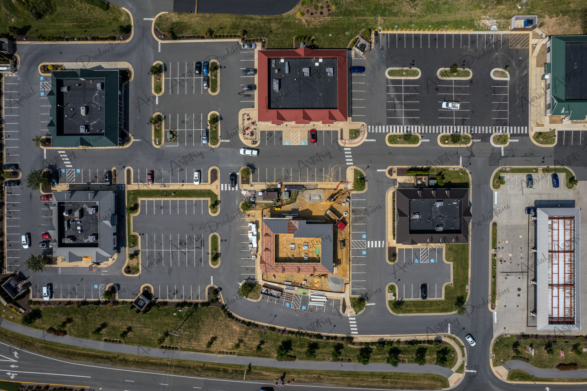 Aerial View of Commercial Buildings and Parking Lot Layout