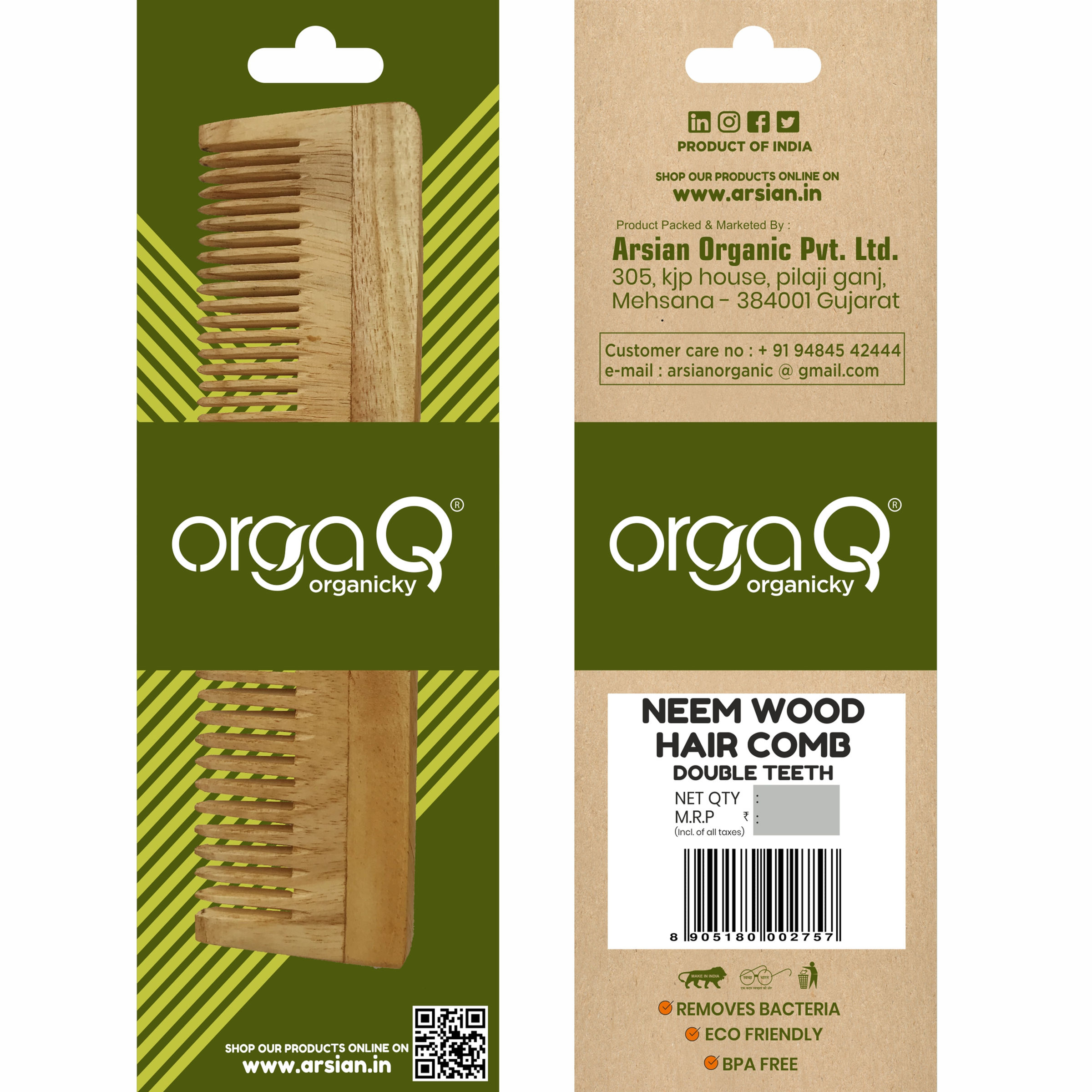 OrgaQ Neem Wood Comb Double Tooth