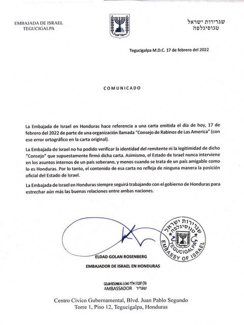 Embajada de Israel en Honduras desmiente que estén en contra del trato en la captura de JOH 