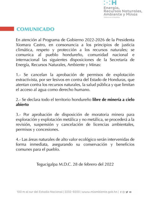 Gobierno de Xiomara Castro declara el territorio hondureño, libre de minería a cielo abierto
