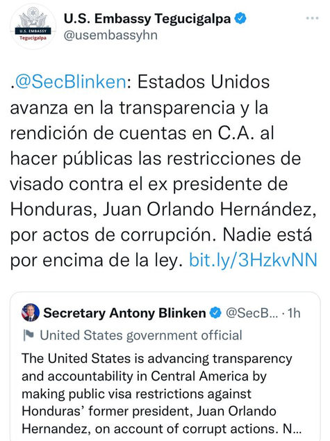 Embajada de Estados Unidos en Honduras: “Nadie está por encima de la ley”
