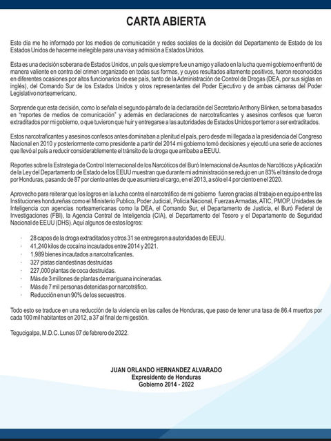 Expresidente JOH le sorprende la decisión de EUA