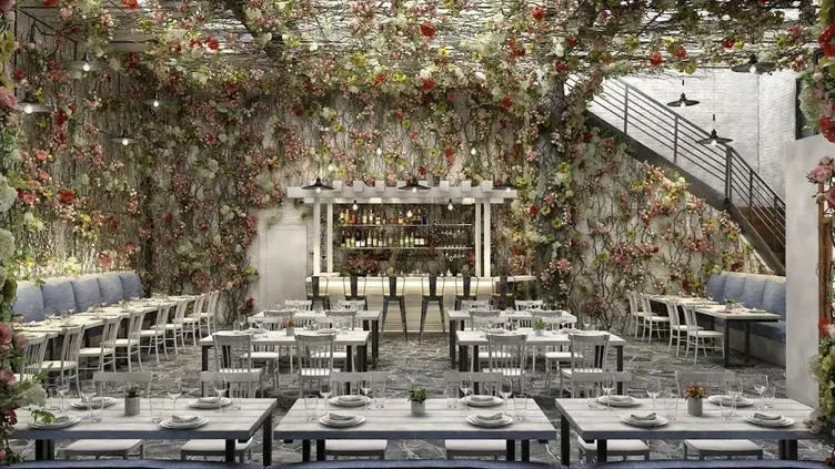 Rendering of the atrium at TIMBR, featuring a 33' ceiling with a glass pyramid and lush floral decorations, set to open in 2025.