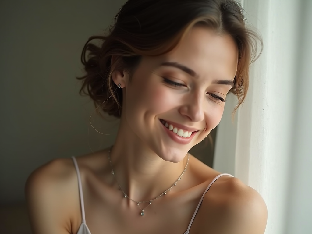 An elegant woman wearing a delicate silver necklace, smiling softly in a natural indoor se
