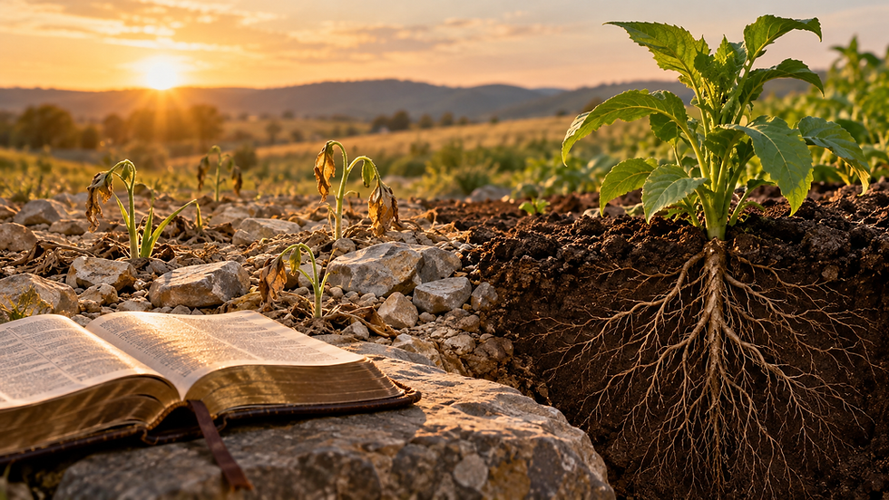 Un campo soleado donde brotes se marchitan en suelo pedregoso junto a una planta de raíces profundas en tierra fértil, con una Biblia abierta sobre una piedra.