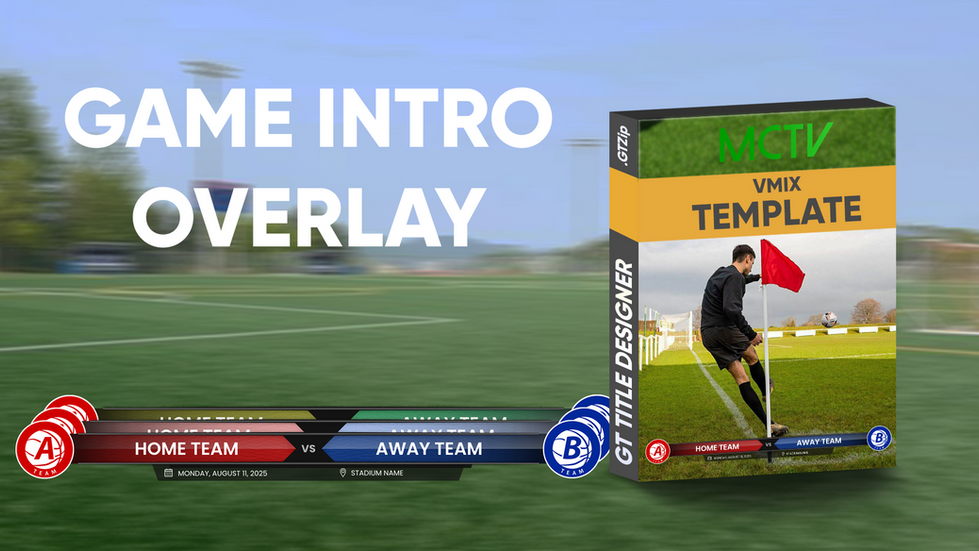VMIX team intro overlay with logos, colors, and match details