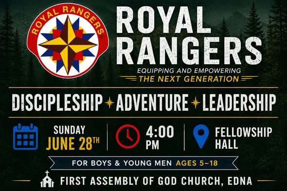 A pictures for the Royal Rangers. It shows a date, time, and location for the meeting. It also shows what they focus on as a group.
