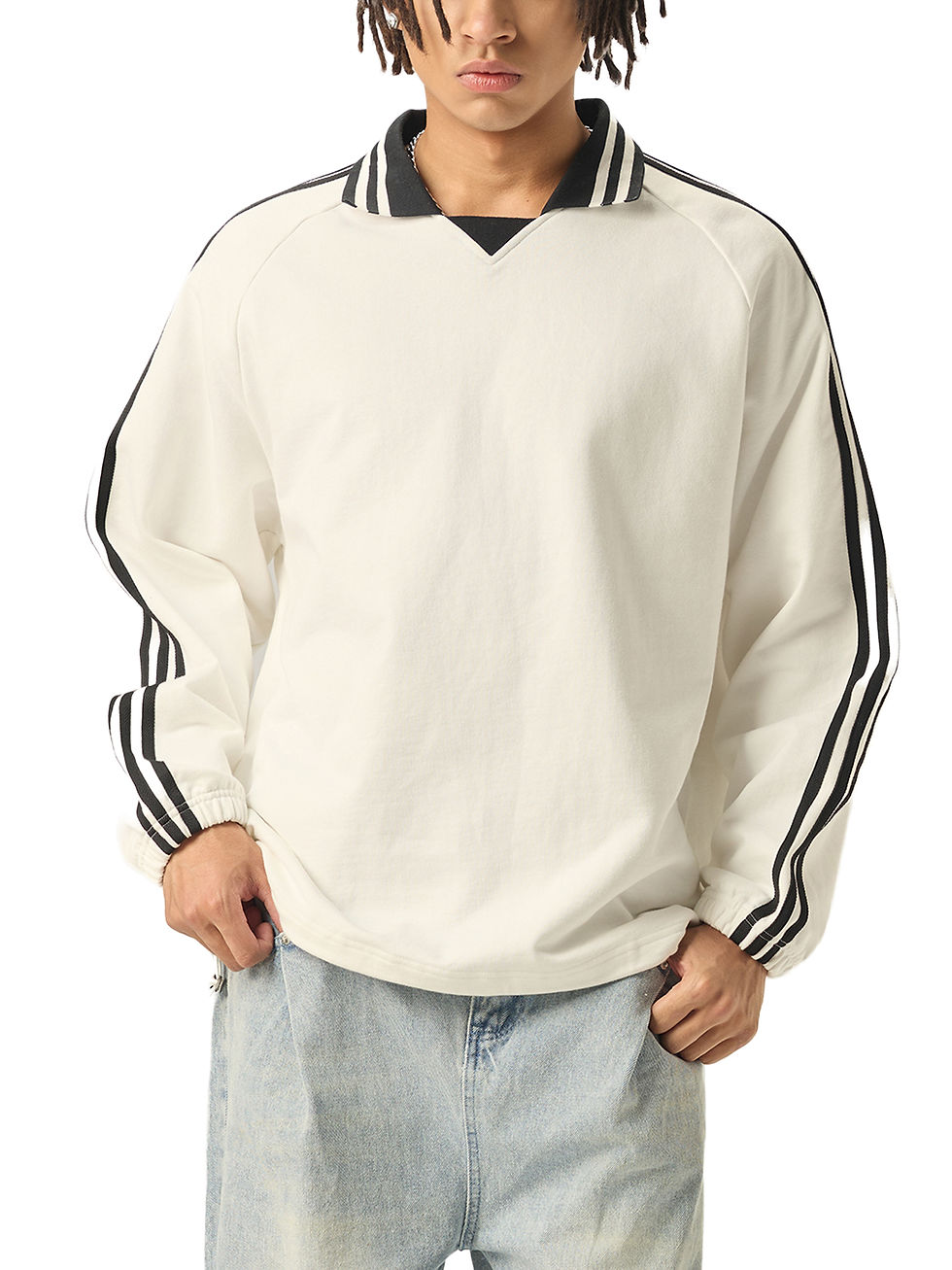 Thumbnail: Contrast Striped Lapel Collar Sweatshirt White