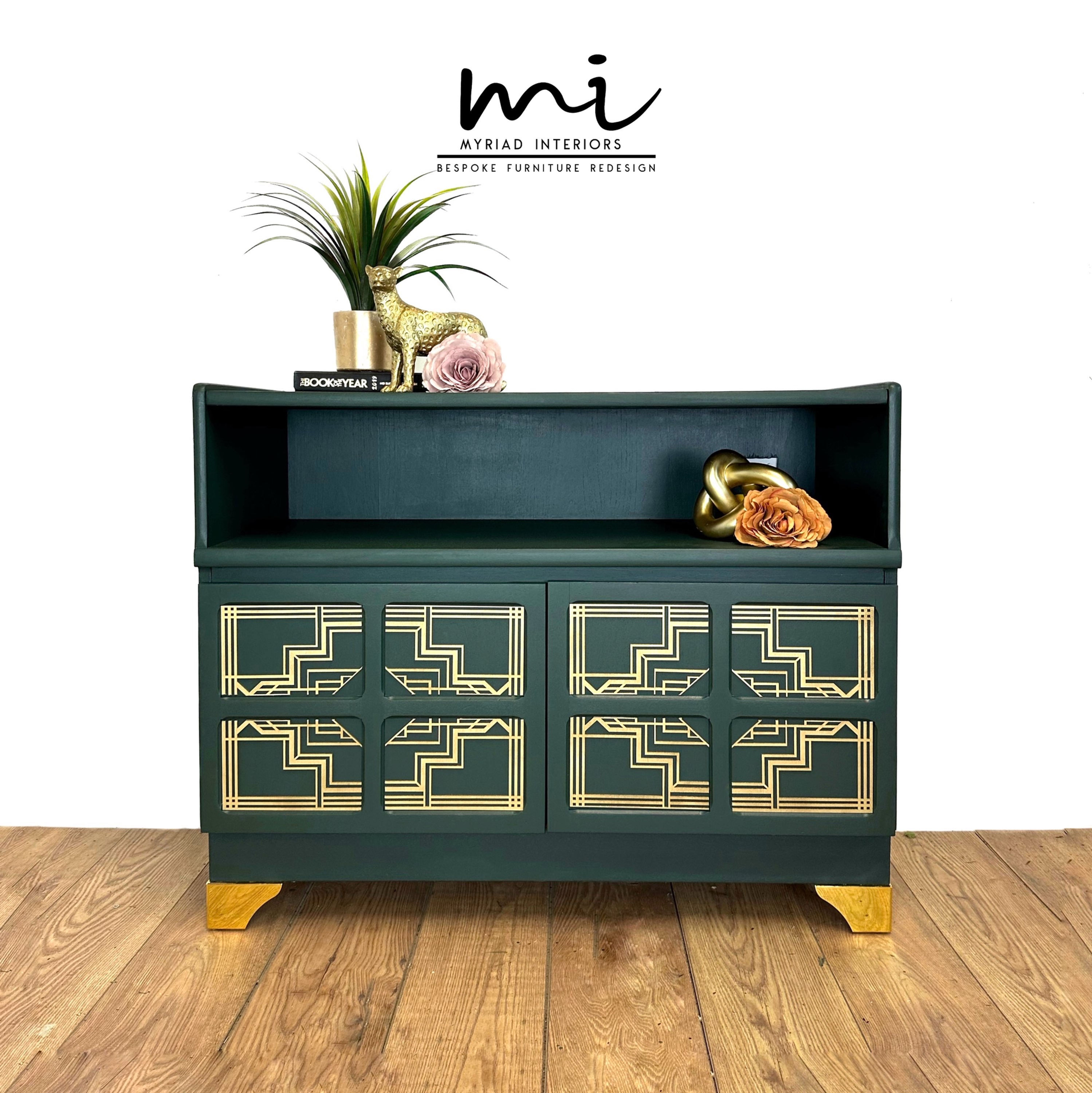 Refurbished Dark Green Nathan Sideboard, media unit, TV stand, gold art deco