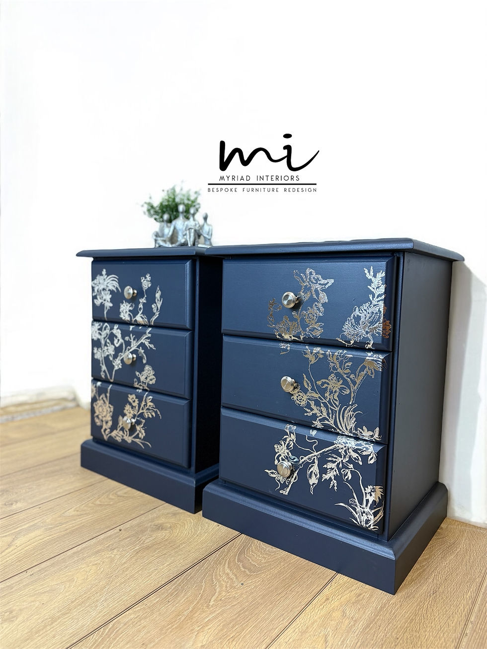 Thumbnail: Navy blue and silver floral bedside tables, refurbished nightstands