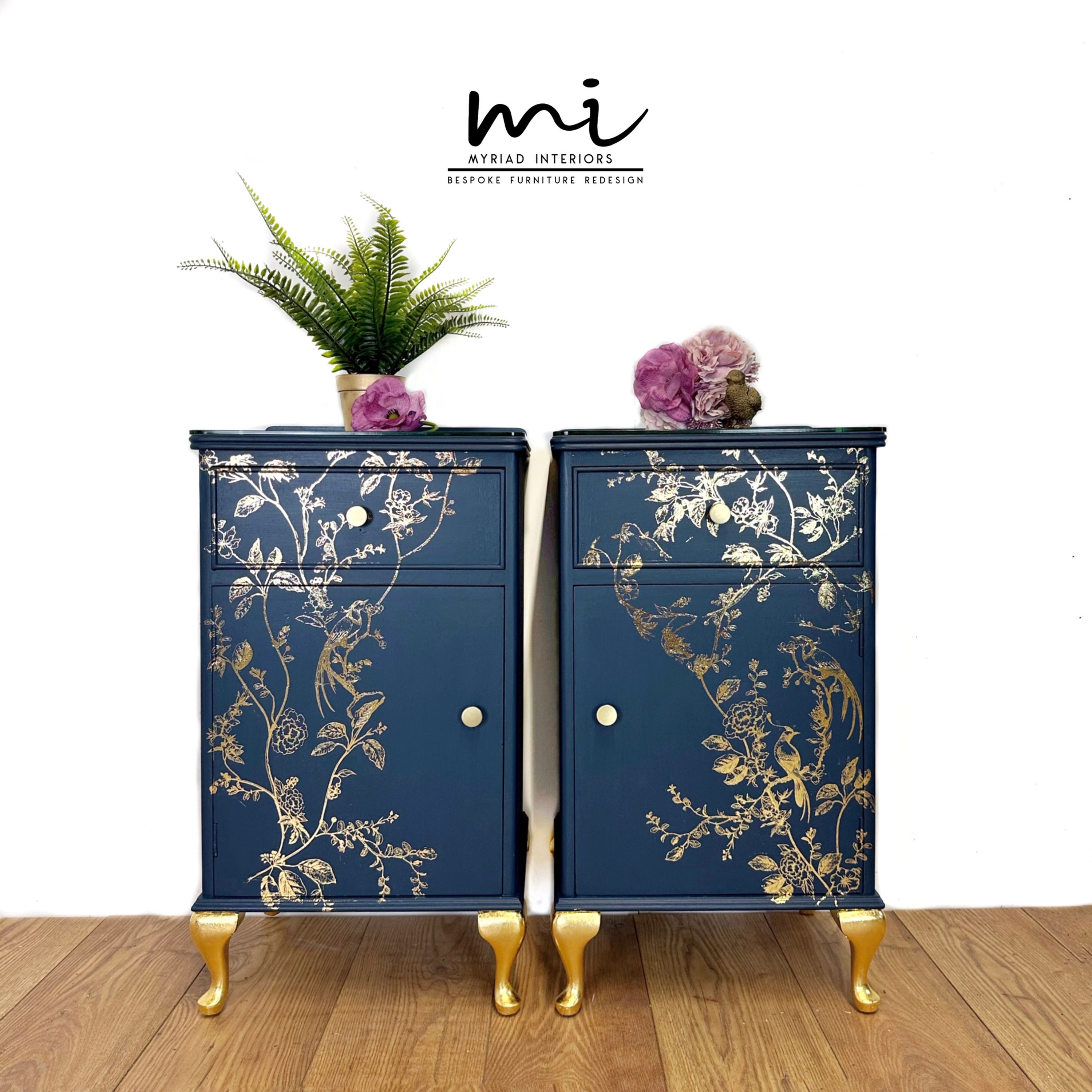 Pretty Refurbished vintage bedside tables, navy blue with gold foil design, bird