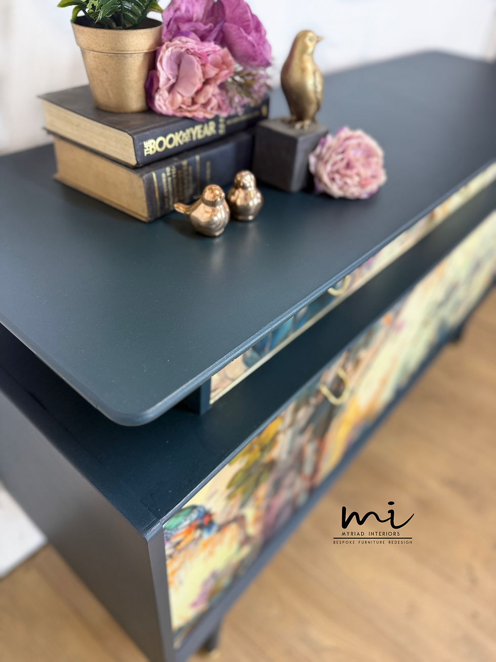 Thumbnail: G Plan sideboard navy blue floral design, mid century tv unit, drinks cabinet