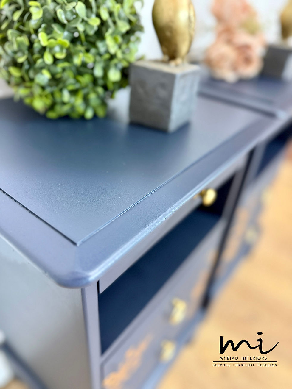 Thumbnail: Rare Stag Minstrel Tea Tray Bedside Tables Navy Blue with Gold Floral design