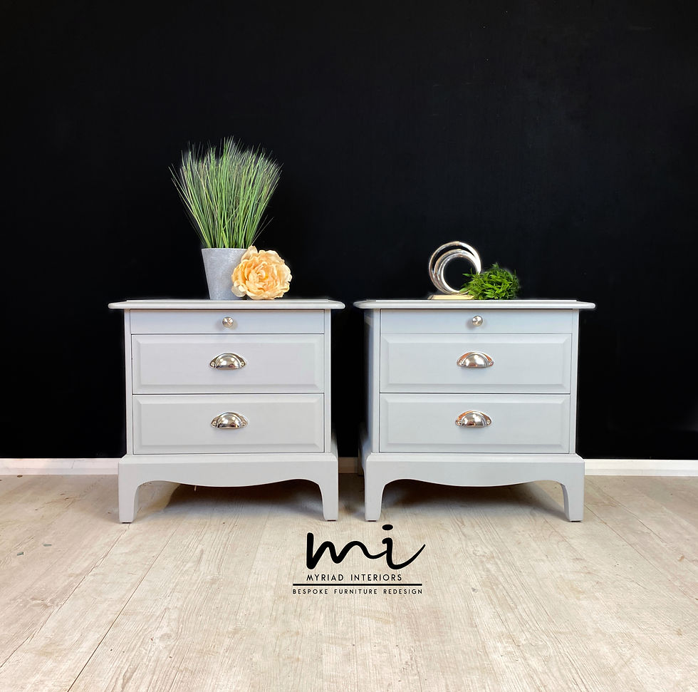 Vintage pale grey Stag Minstrel Bedside Tables, mid century nightstands 