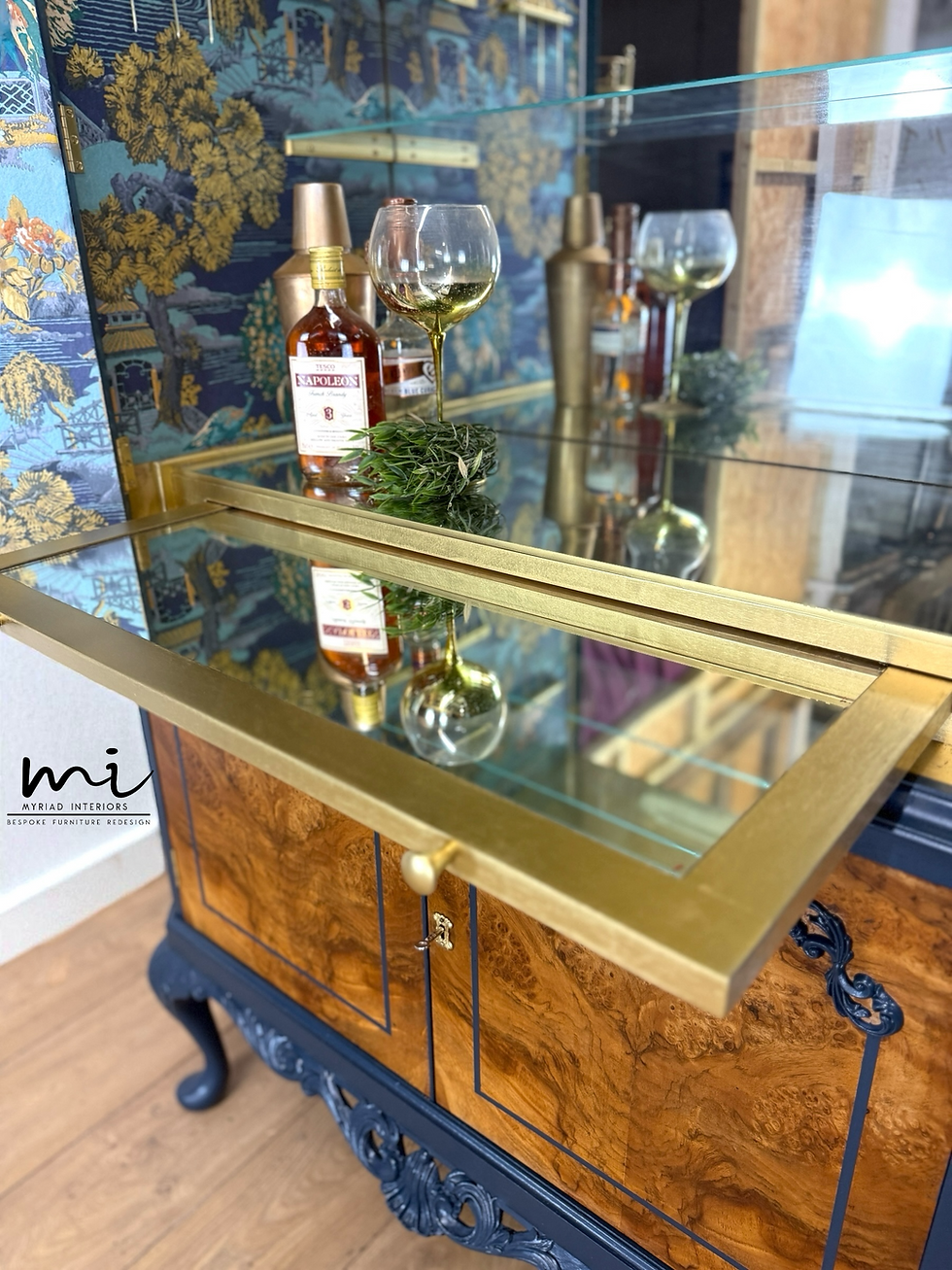 Thumbnail: Navy blue Queen Anne cocktail cabinet, refurbished Art deco drinks cabinet