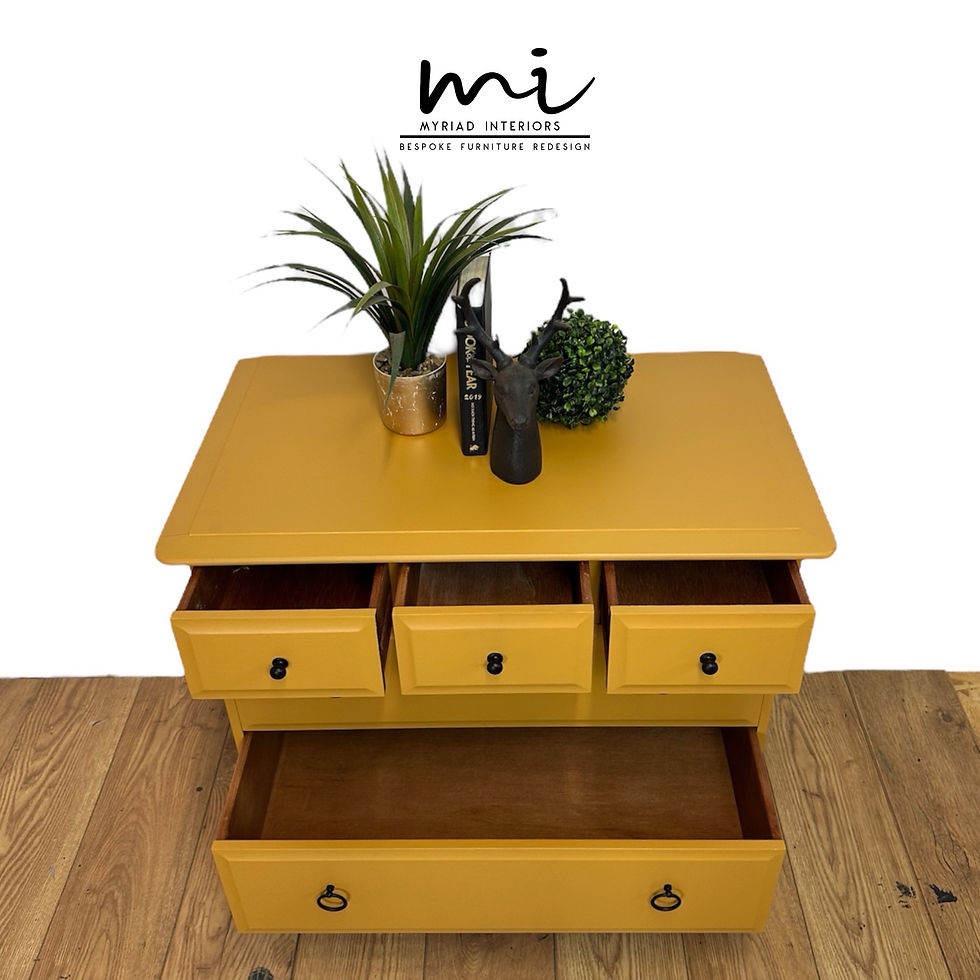 Thumbnail: Stag Minstrel Chest Of Drawers in mustard yellow, oversized bedside table, dress