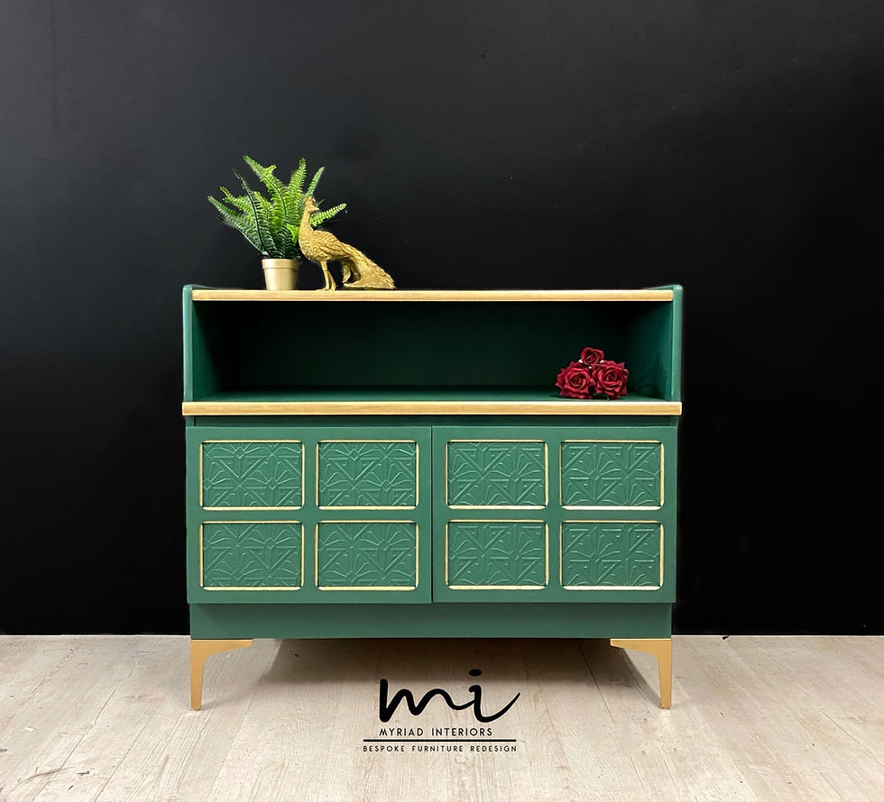 Green and gold Nathan sideboard, tv stand, drinks cabinet refurbished art deco 