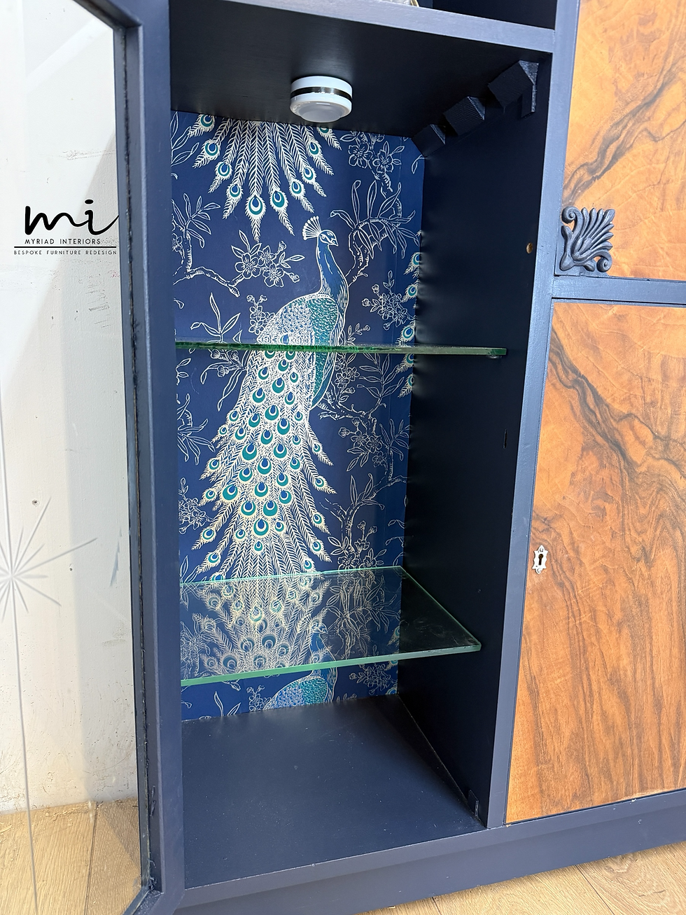 Thumbnail: Art Deco refinished walnut cocktail cabinet, navy blue, champagne gold, vintage 