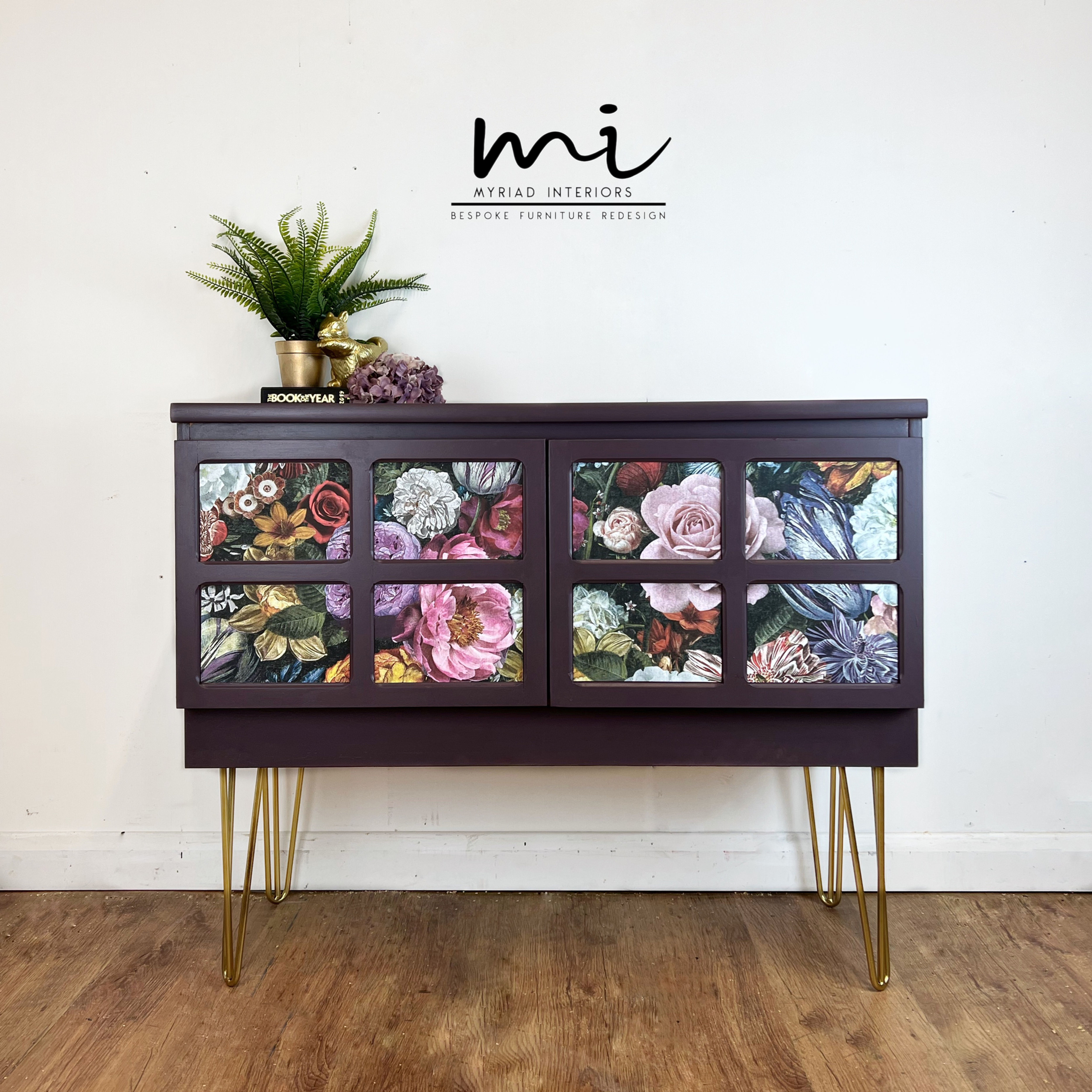 Floral purple Mid Century Nathan Sideboard, Media Tv stand, refurbished cocktail